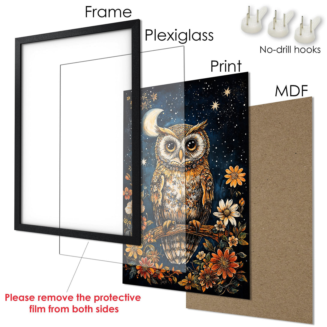 Framed Poster featuring an owl illustration in a vintage style with a blue, orange, and brown color palette. Perfect wall art!