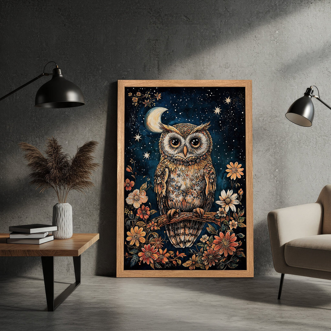 Framed Poster featuring an owl illustration in a whimsical style with a dark blue, orange, and gold color palette. Perfect wall art!