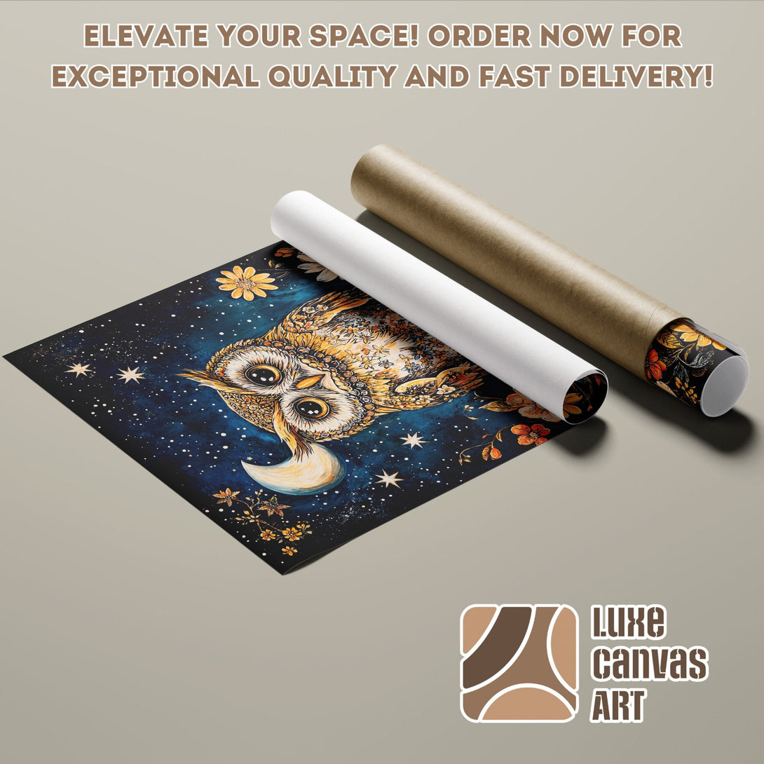 Owl art poster roll, starry night design, blue & gold color palette. Elevate your space!