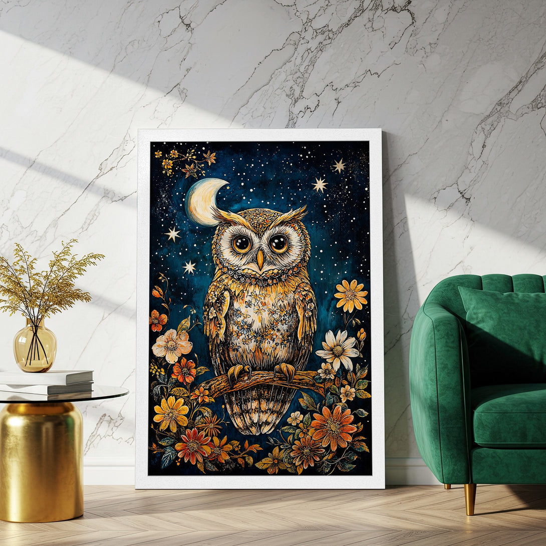 Framed Poster featuring an owl with floral details, in a whimsical style, with a dark blue and warm color palette.