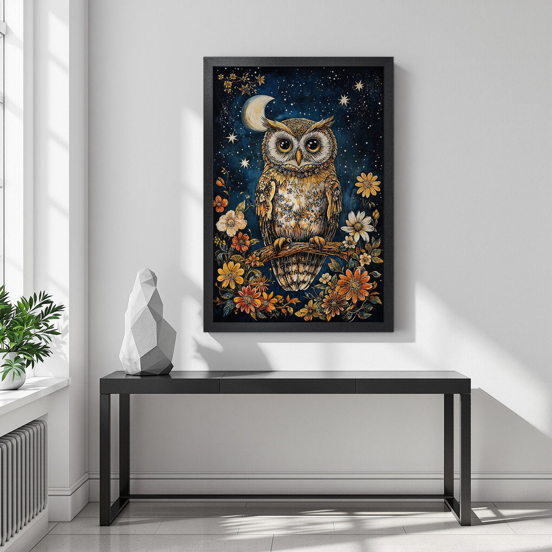 Framed Poster featuring an owl with flowers against a starry night sky. Warm, earthy tones on a dark blue background. Add a touch of nature to your space!