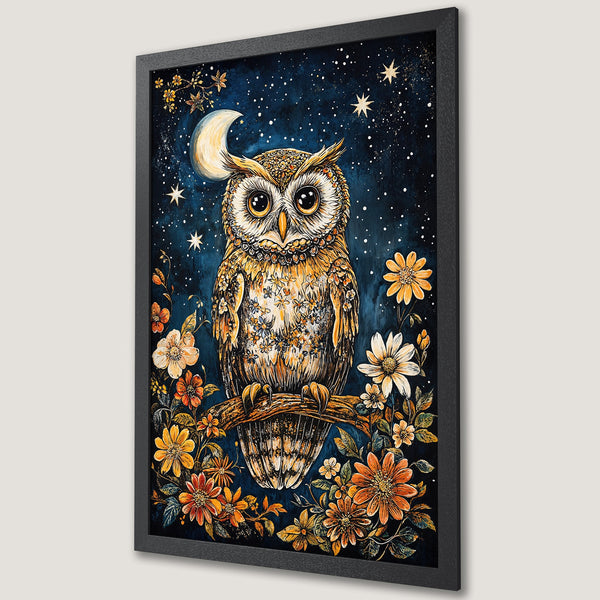 Framed Poster featuring an owl illustration with a whimsical style and a warm, earthy color palette. Perfect wall art!