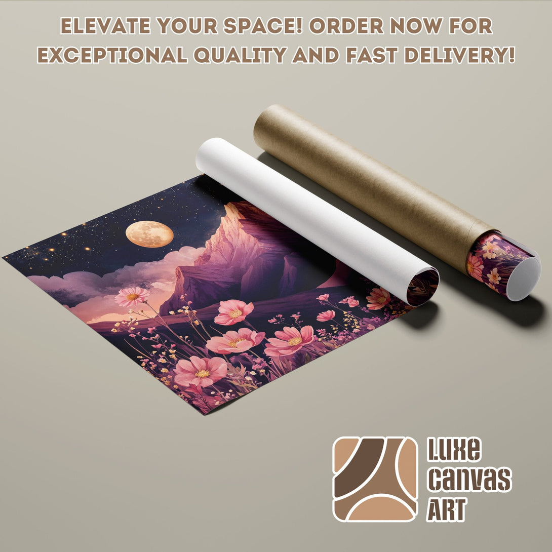 Poster Roll featuring a dreamy landscape with flowers, in a watercolor style, with a purple and pink color palette.