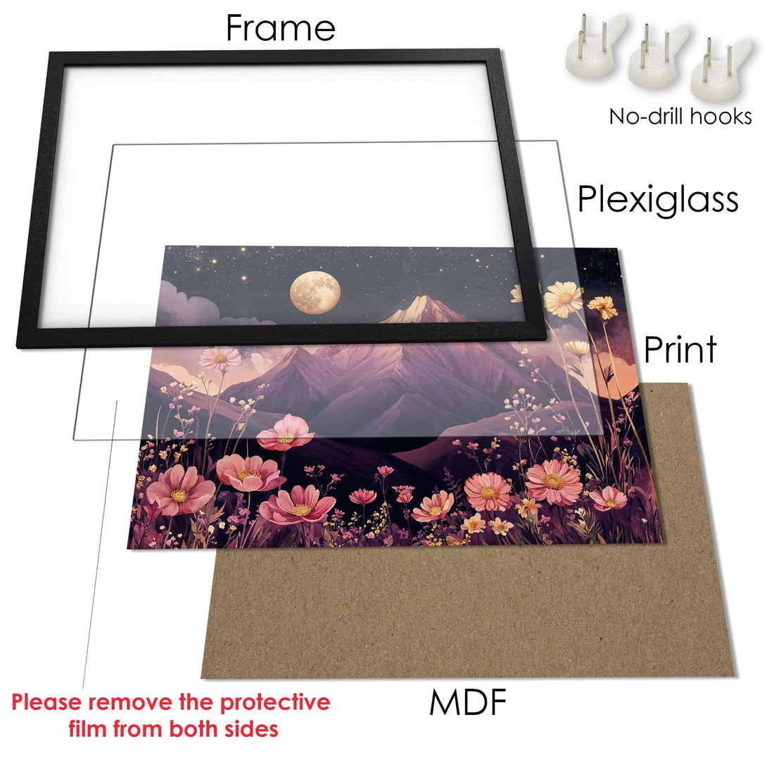 Framed Poster featuring a floral mountain landscape art print, with a dreamy style and a purple and pink color palette.
