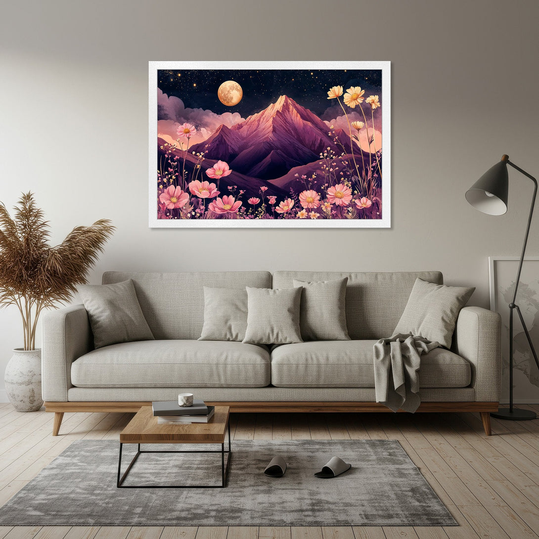 Framed Poster featuring a mountain landscape with flowers, in a dreamy style. Soft pink and purple color palette. Perfect wall art!