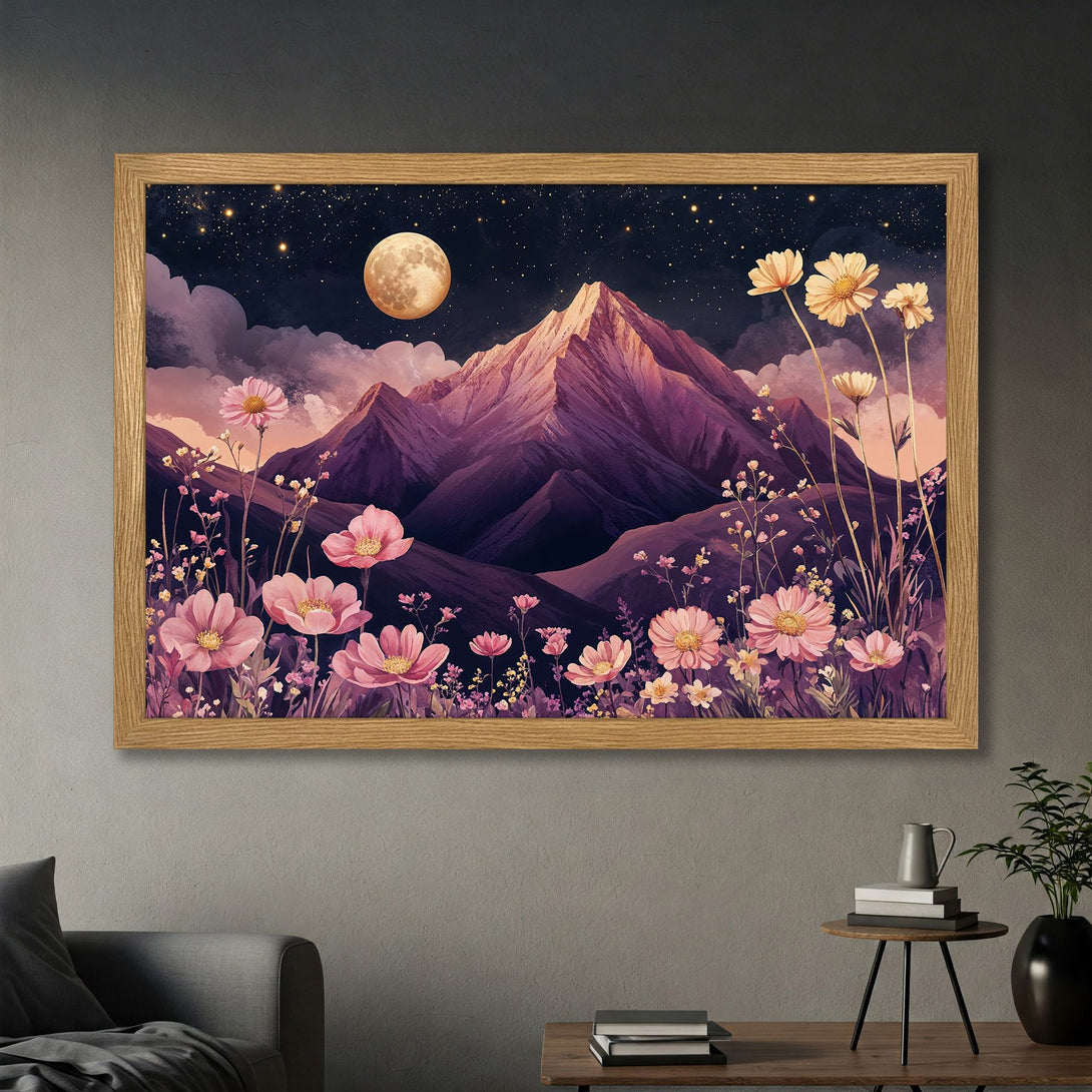 Framed Poster featuring a dreamy mountain landscape with flowers, moon, and stars. Beautiful art print in purple, pink, and gold tones.
