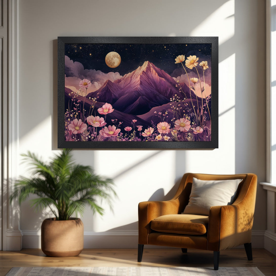 Framed Poster featuring a watercolor mountain scene with flowers, in a purple and pink color palette. Perfect wall art for any room!