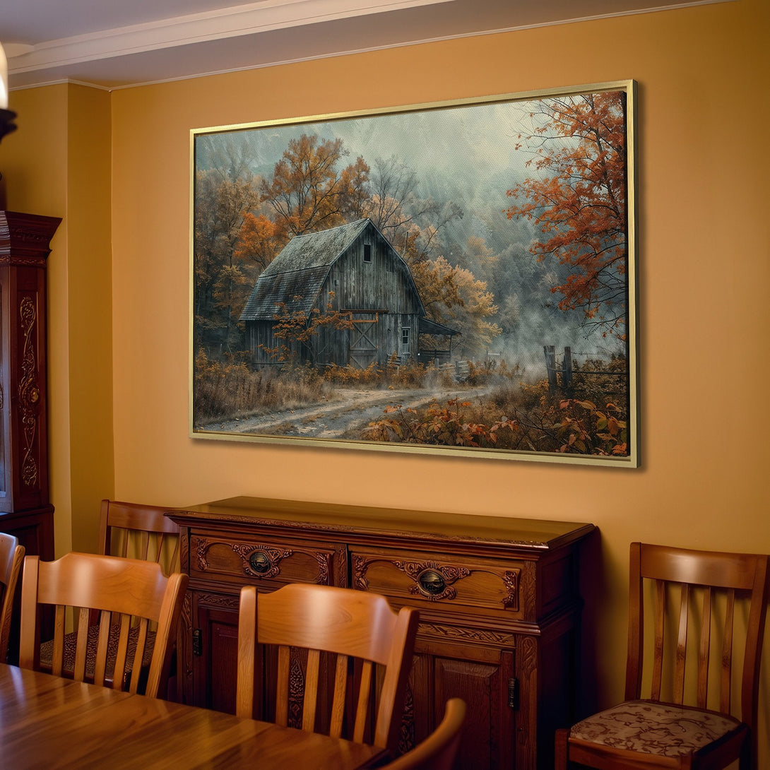 Canvas Print of a rustic barn in autumn colors. Warm, inviting wall art for a cozy living room. Earth tones and a touch of nostalgia.