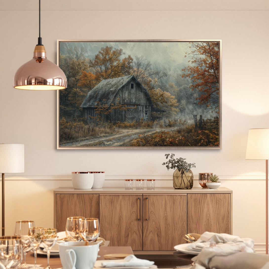 Framed Wall Art: Rustic barn scene in warm autumn colors. Perfect for farmhouse decor. Canvas print with a cozy, inviting feel.