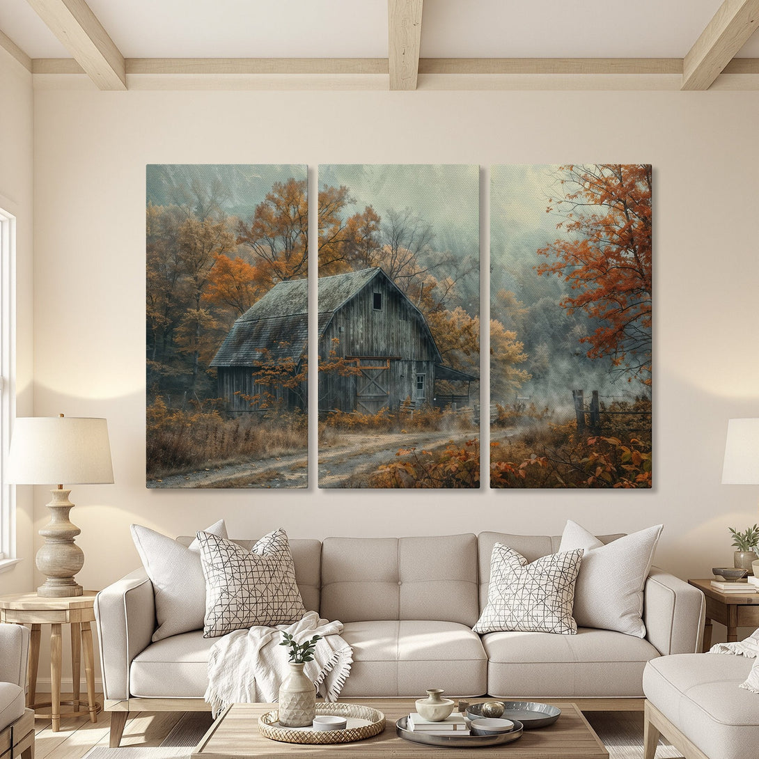 Canvas Print of a rustic barn scene in autumn colors. Warm, inviting artwork with a muted color palette of oranges, browns, and greens. Perfect for farmhouse decor.