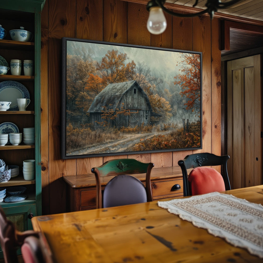 Framed Wall Art: Rustic barn scene in warm autumn colors. Perfect for farmhouse decor. Bring the cozy vibes home with this beautiful canvas print!