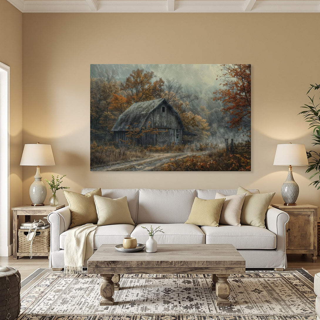 Framed Wall Art: Rustic barn scene in autumn colors. Enhance your space with this warm, inviting Canvas Print.