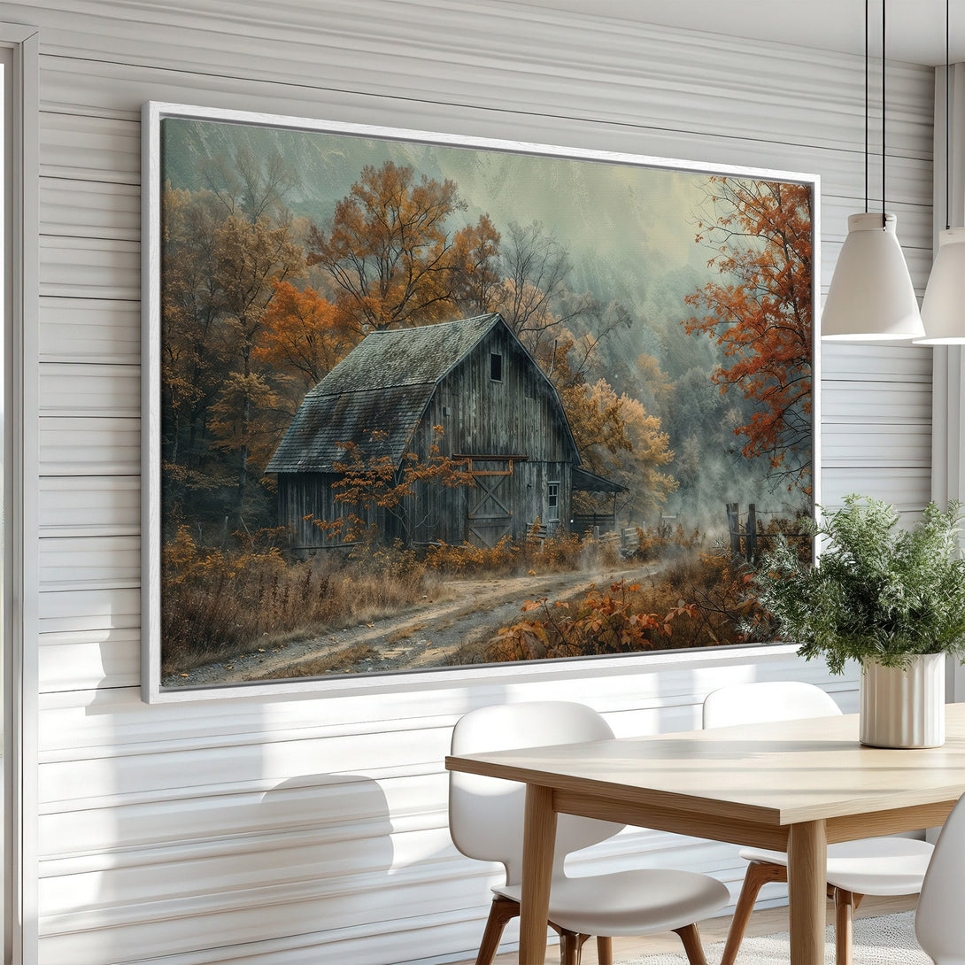 Framed Wall Art: Rustic barn scene in autumn colors. Warm orange, brown, and green palette. Perfect for adding a cozy, nature-inspired touch to your home.