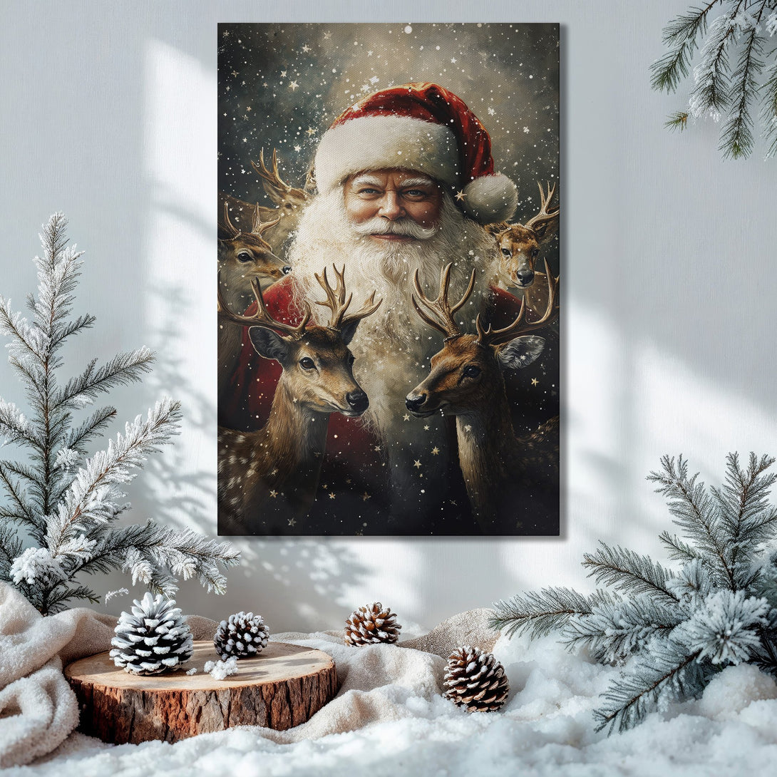 Framed Wall Art featuring Santa Claus and Reindeer. Festive Christmas decor in warm tones. Perfect holiday gift!