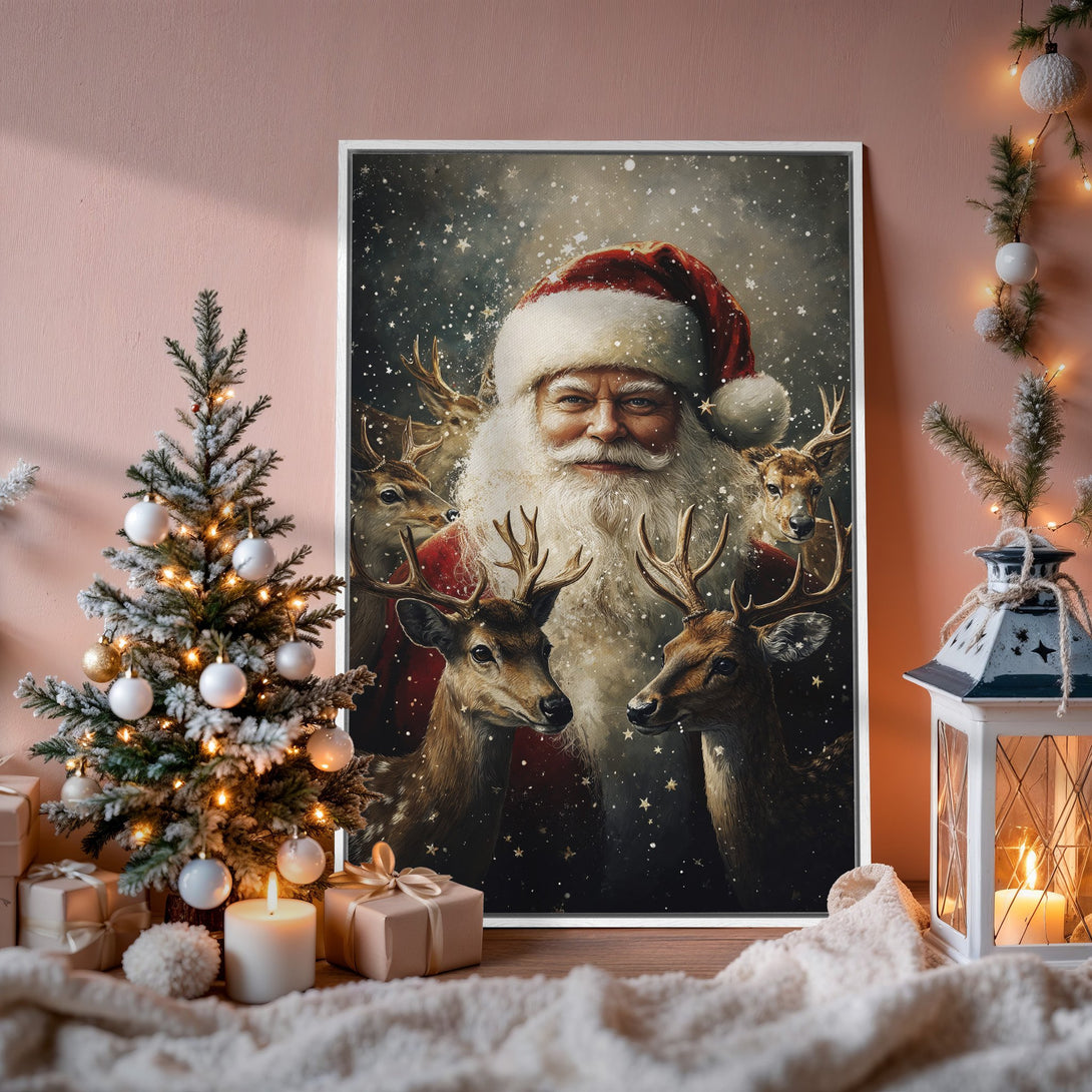 Framed Wall Art: Santa Claus with Reindeer Canvas Print. Festive holiday decor in warm, inviting colors. Perfect Christmas gift!