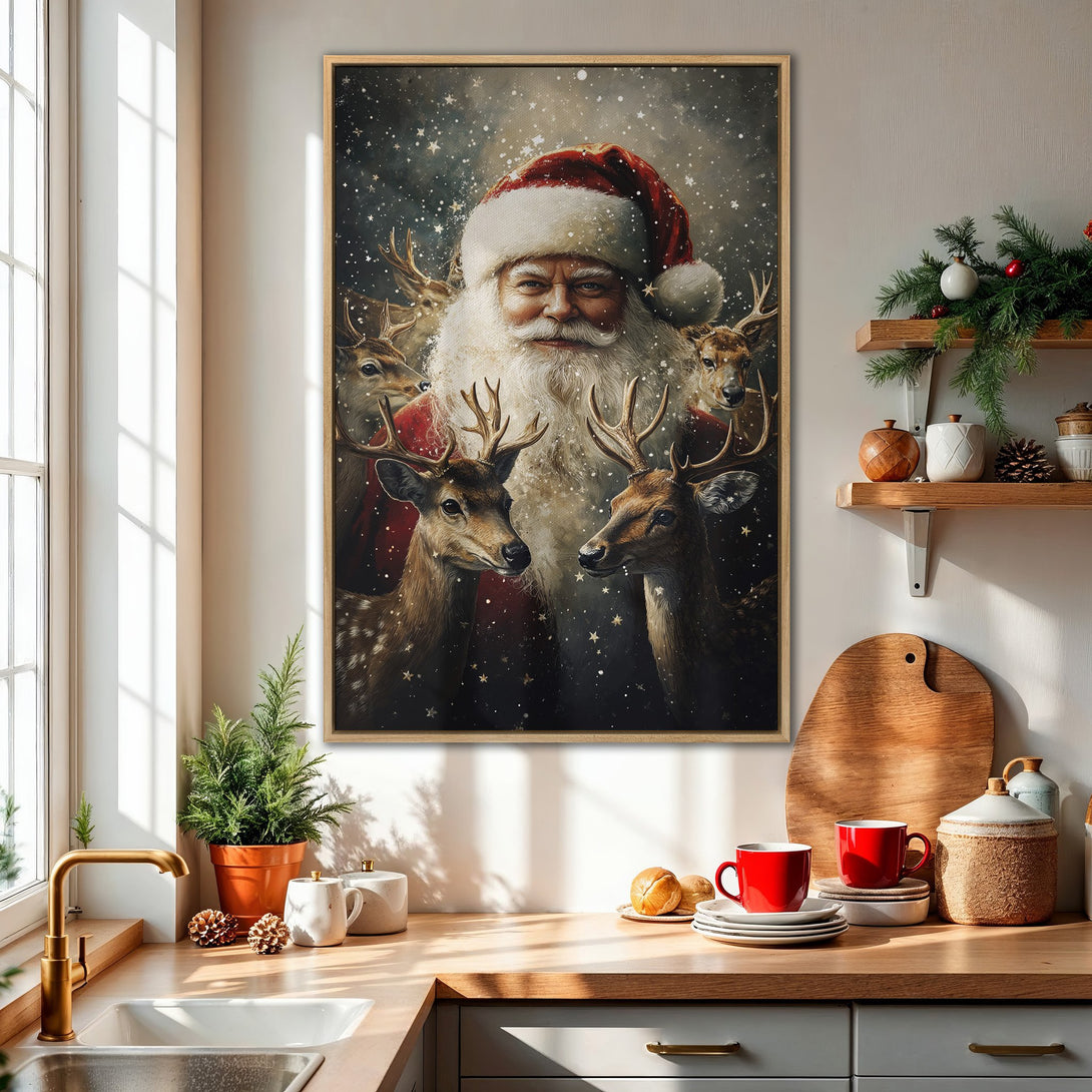 Framed Wall Art: Santa Claus with reindeer in a wintery scene. Festive artwork with a warm, inviting color palette. Perfect Christmas decor!