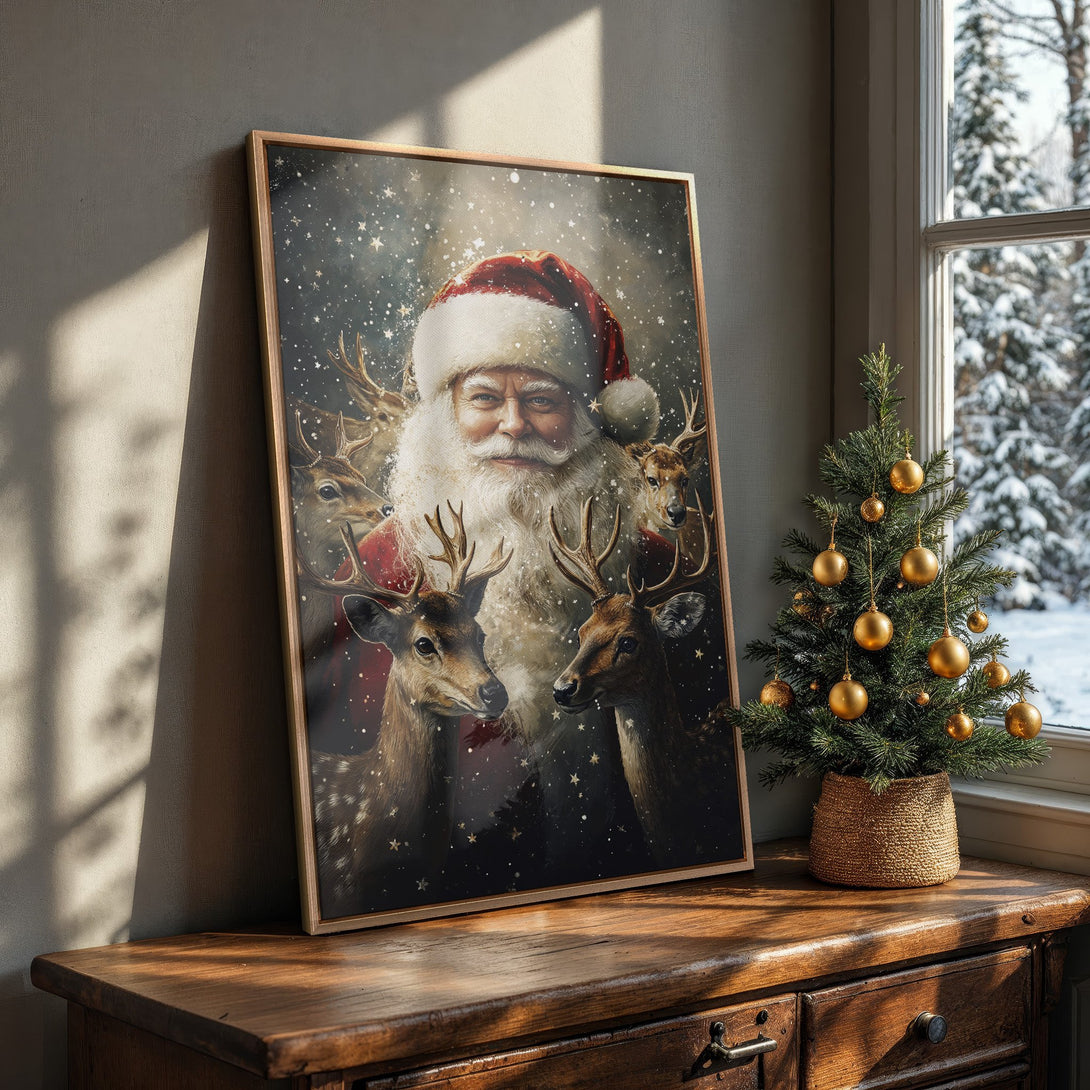 Framed Wall Art featuring Santa Claus and reindeer. Festive holiday decor in warm, earthy tones. Perfect Christmas Canvas Print for your home!