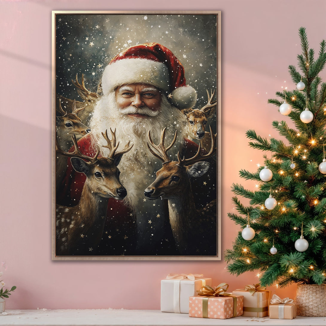 Framed Wall Art: Santa Claus and reindeer in a painterly style, rich reds, browns, and dark blues. Perfect Christmas decor for your home!