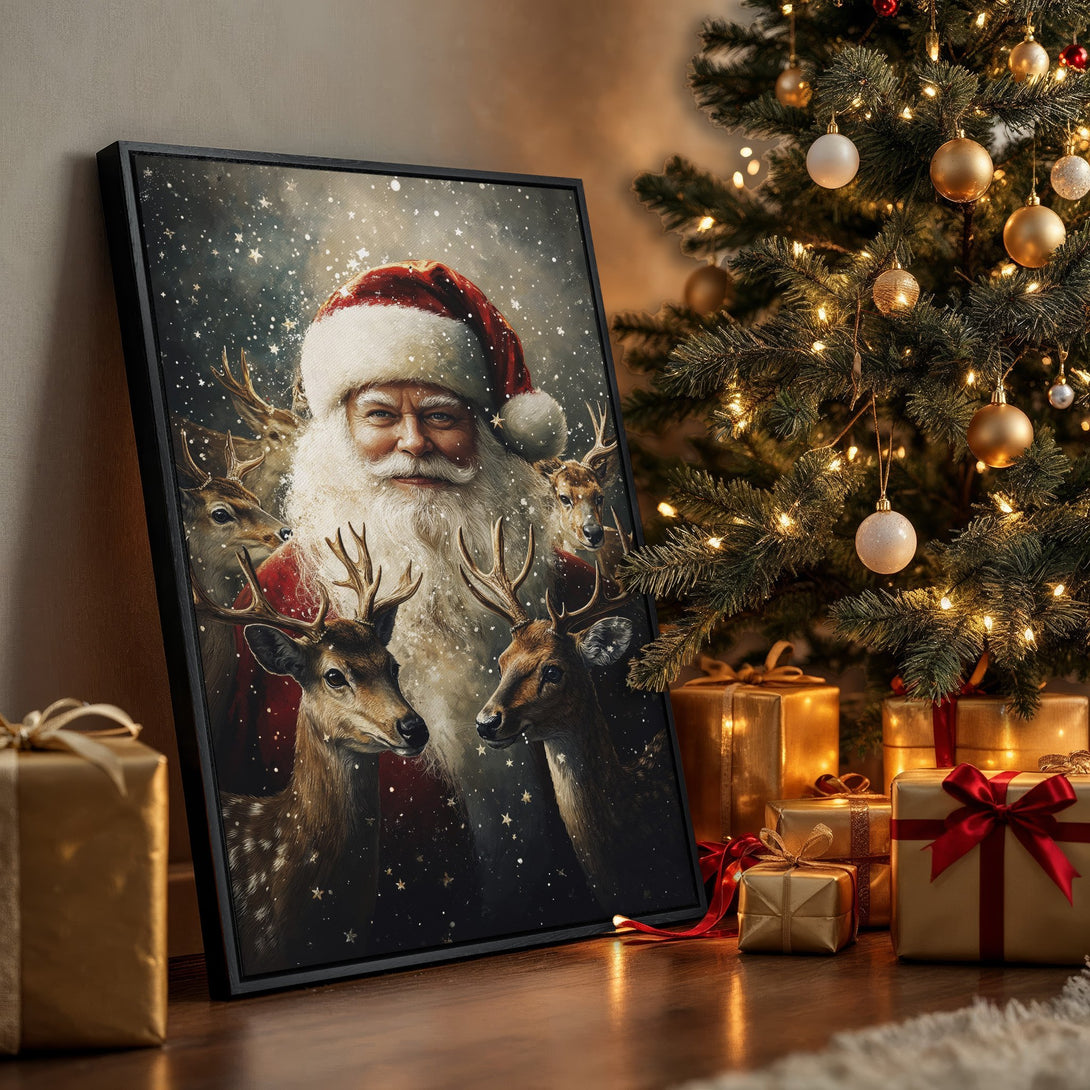 Framed Wall Art: Santa Claus with reindeer in a winter scene. Warm, festive color palette. Perfect Christmas decor.