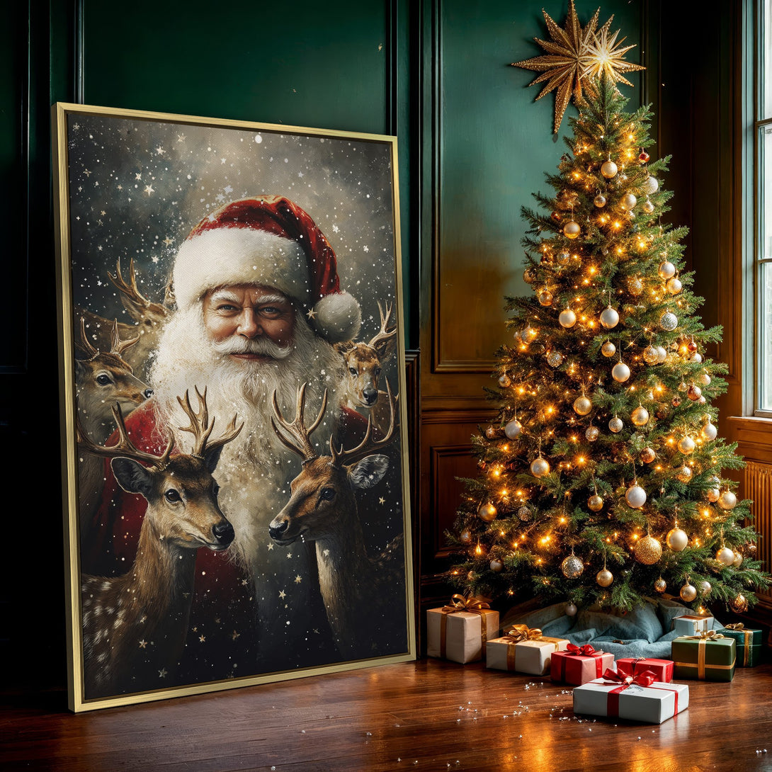 Canvas Print featuring Santa Claus and reindeer, festive holiday art in warm, inviting tones. Perfect Christmas decor!