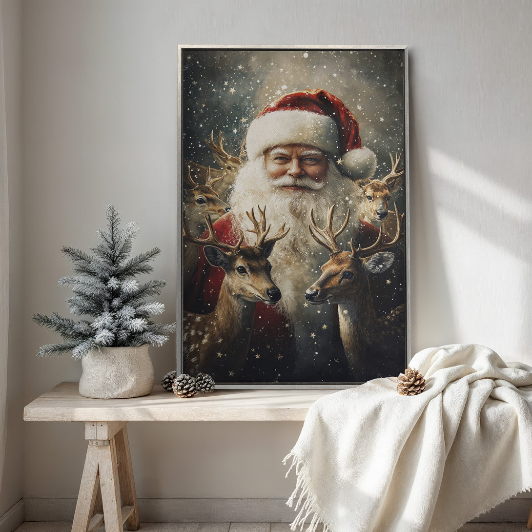 Framed Wall Art featuring Santa Claus and reindeer in a vintage style, with a warm, festive color palette. Perfect Christmas decor!