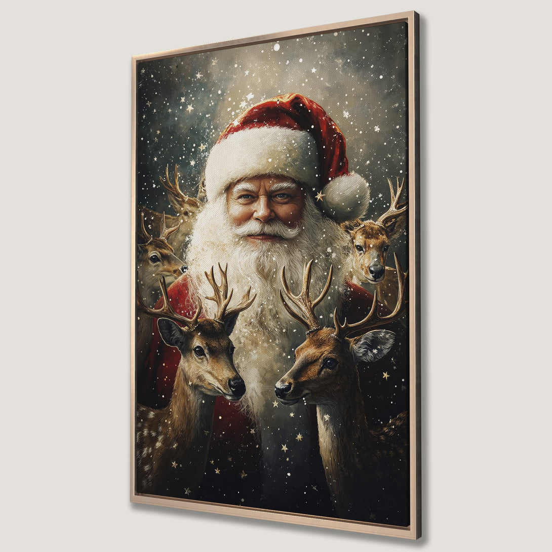 Framed Wall Art featuring Santa Claus and reindeer in a vintage style. Rich red, gold, and dark blue color palette. Perfect Christmas decor.