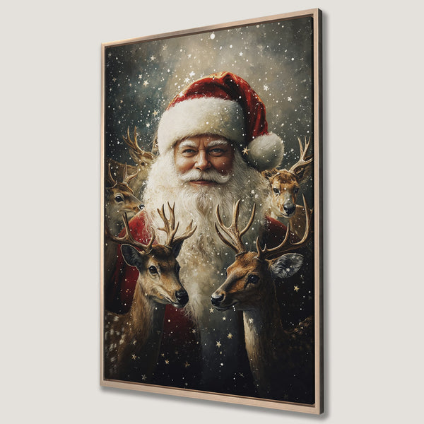 Framed Wall Art featuring Santa Claus and reindeer in a vintage style. Rich red, gold, and dark blue color palette. Perfect Christmas decor.