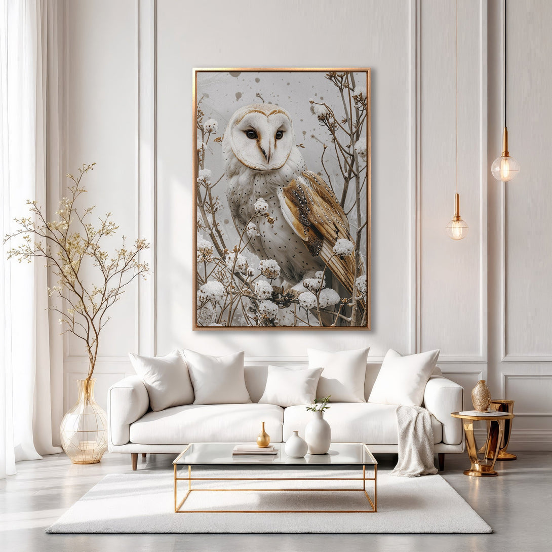 Framed Wall Art: Majestic owl print in neutral tones. Elegant, modern decor. Perfect for a cozy living room. Shop our nature-inspired canvas prints today!
