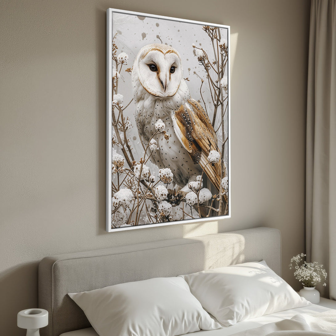 Framed Wall Art featuring a stunning owl in a serene, neutral color palette. Perfect for adding a touch of nature and elegance to your bedroom decor.