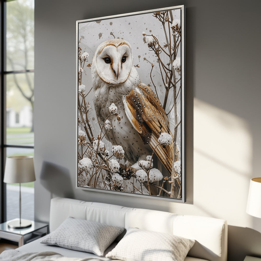 Framed Wall Art: Majestic owl canvas print in neutral tones. Delicate artwork featuring an owl in a wintery scene, perfect for adding a touch of nature to your home decor.