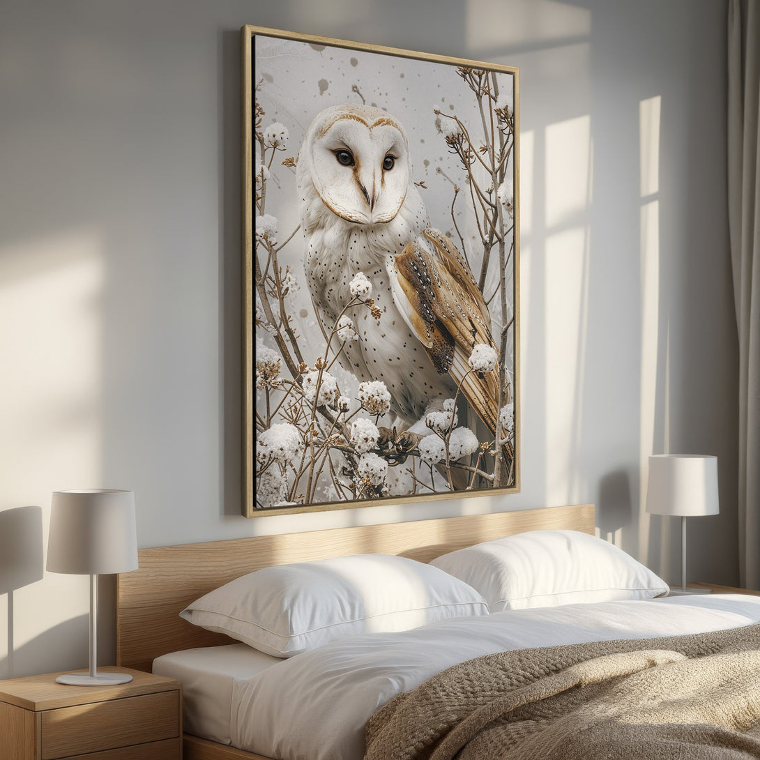 Framed Wall Art: Majestic owl print in neutral tones. Perfect for adding a touch of nature and elegance to your bedroom decor. Shop now!