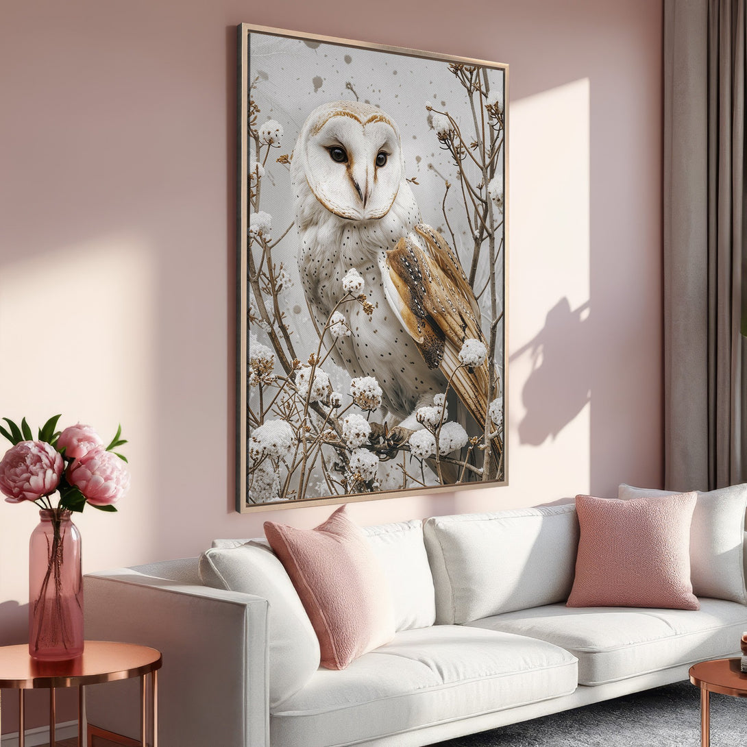 Framed Wall Art: Owl portrait in neutral tones. Elegant Canvas Print with a touch of nature, perfect for adding sophistication to your home decor.