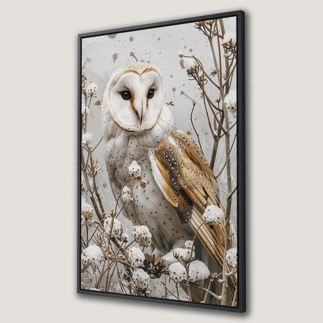 Framed Wall Art featuring a majestic owl in a serene, neutral-toned winter scene. Perfect for adding a touch of nature-inspired elegance to your home decor.