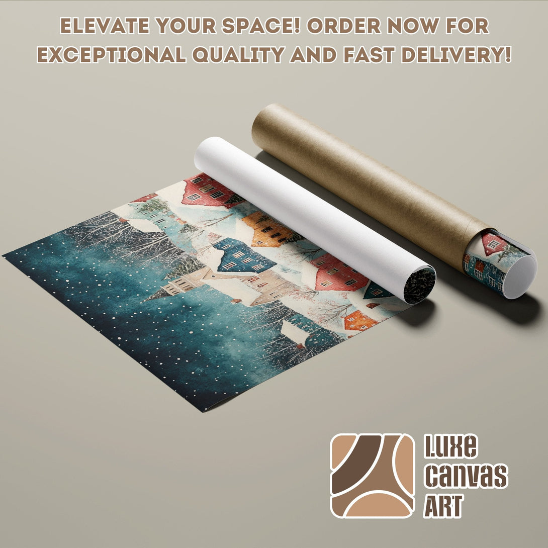 Winter village scene Poster Roll in blue, red, and white. Elevate your space with art!