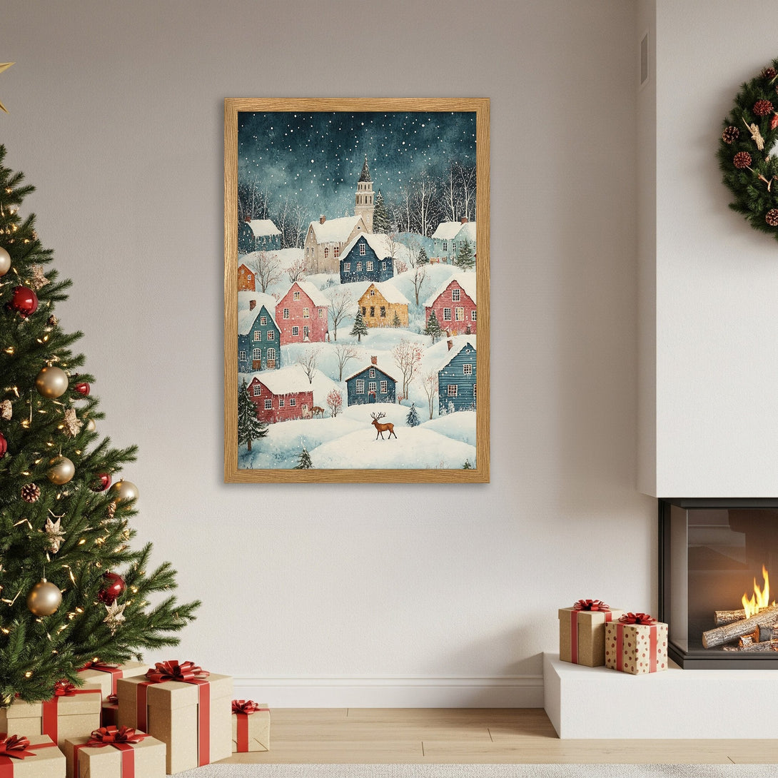 Framed Poster of a winter village scene, watercolor style, with a blue, red, and white color palette. Perfect for Christmas decor!
