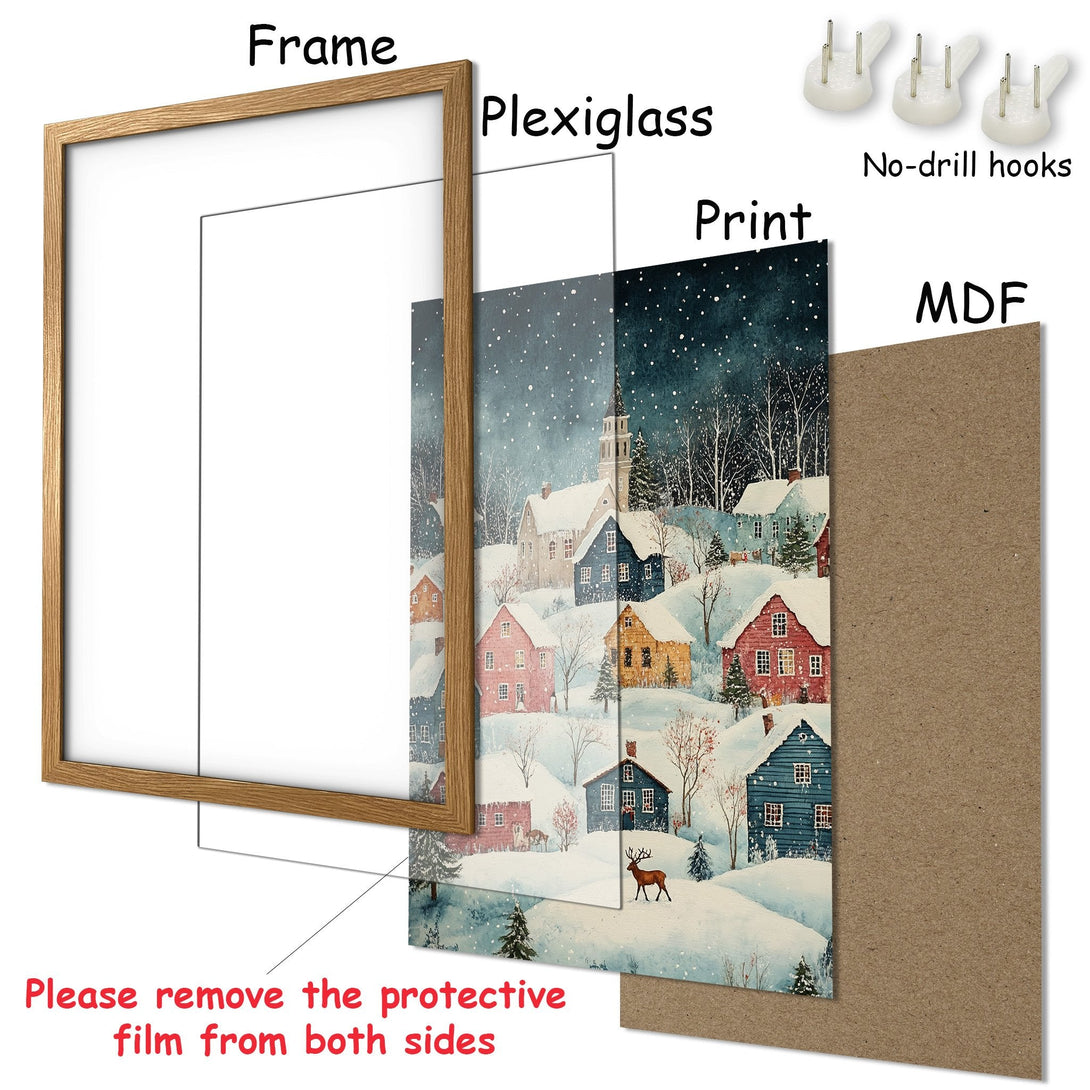 Framed Poster of a winter village scene in watercolor style. Features a blue, red, and yellow color palette. Perfect wall art!