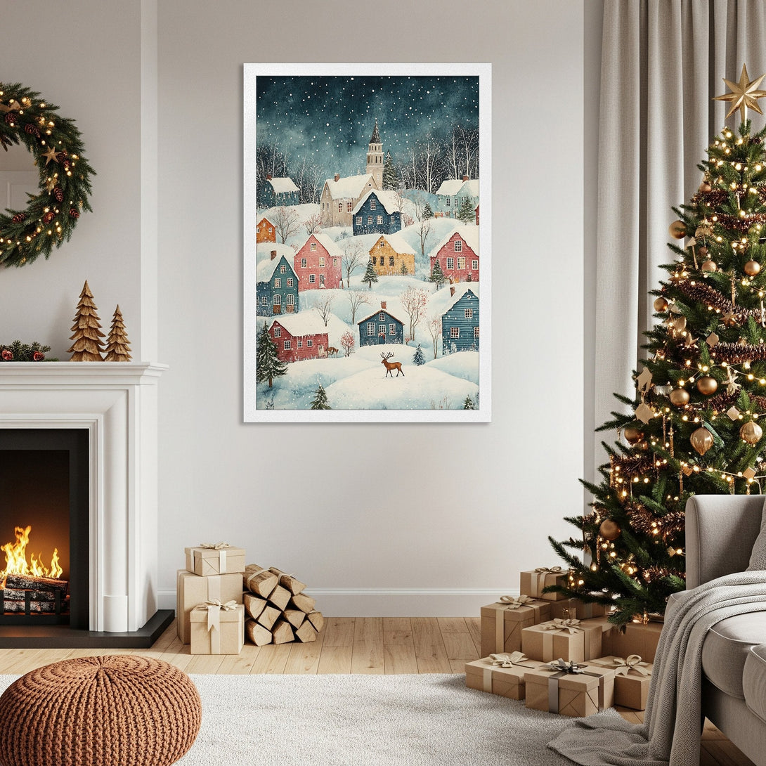 Framed Poster featuring a watercolor winter village scene with colorful houses. Soft, dreamy style with a cool color palette. Perfect holiday decor.