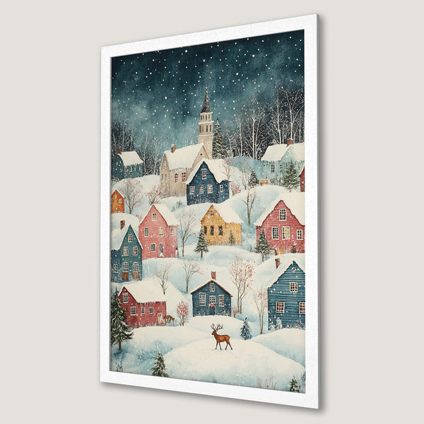Framed Poster: Watercolor winter village scene in blue, red, and yellow. Charming artwork for cozy home decor. Buy your poster today!