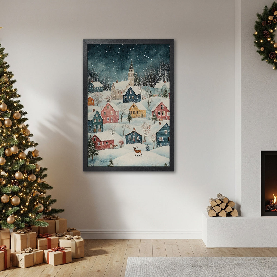 Framed Poster featuring a watercolor winter village scene in blue, red, and white. Perfect holiday decor!