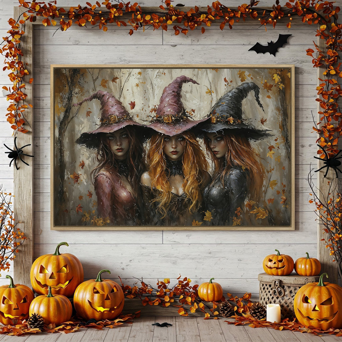 Framed Wall Art: Three witches in a mystical painting, warm autumn tones. Perfect Halloween decor for a spooky & stylish home.
