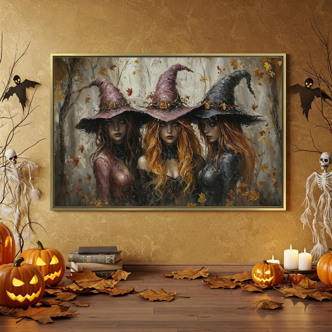Canvas Print featuring three witches in a fall forest scene, perfect for Halloween decor. Warm, autumnal color palette.
