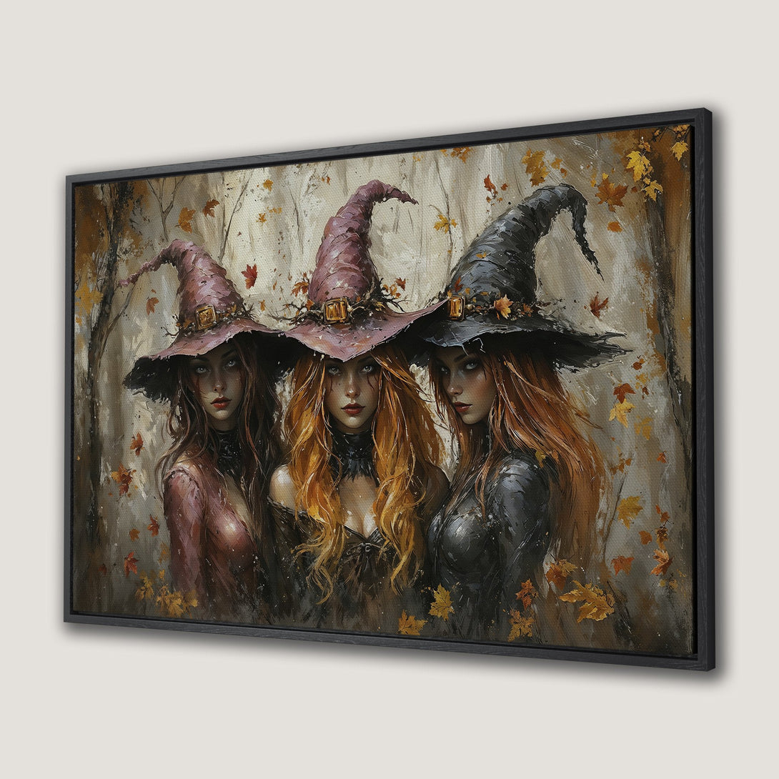 Framed Wall Art: Three witches in autumnal colors. Oil painting style with warm, earthy tones and vibrant red hair. Perfect Halloween decor!