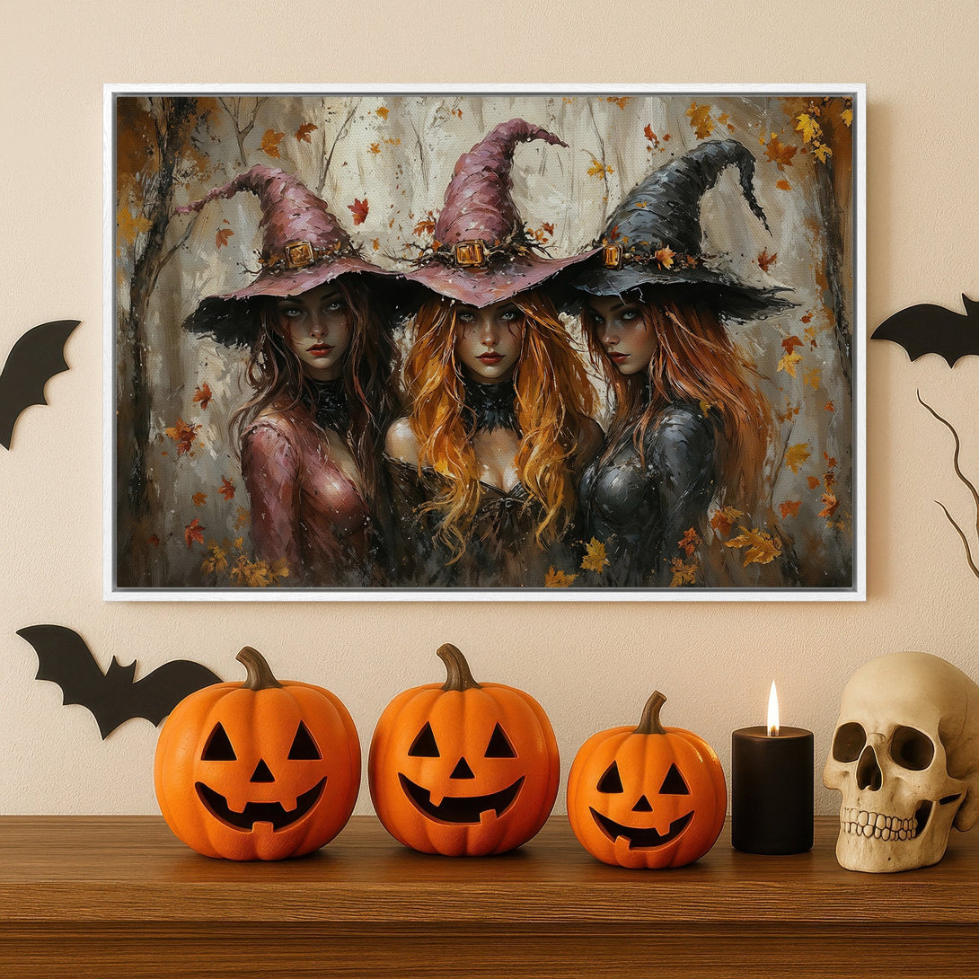 Framed Wall Art: Three witches in hats, autumn colors. Perfect Halloween decor! Canvas Print features a fantasy illustration with warm tones.