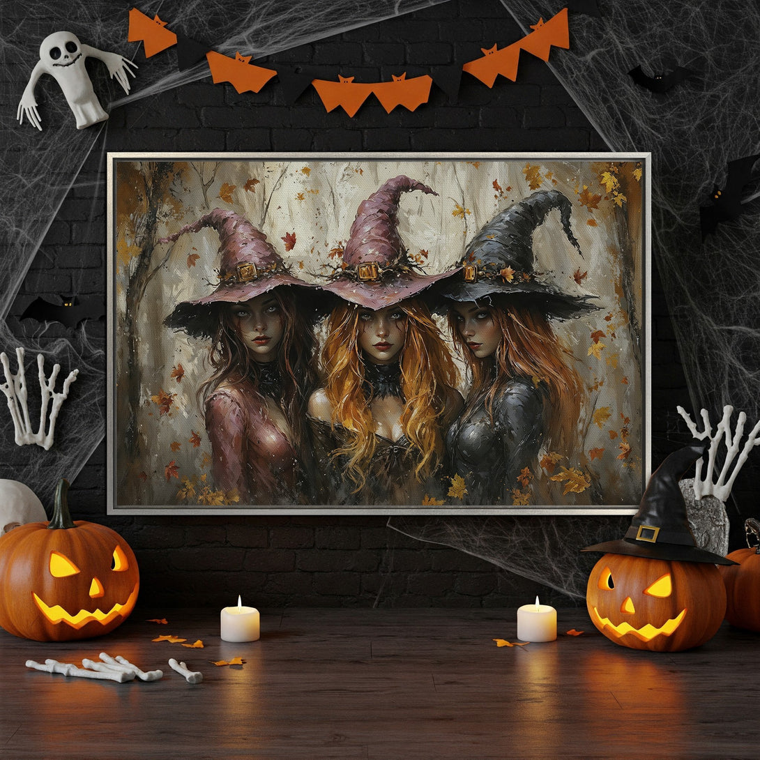 Framed Wall Art: Three witches in a mystical painting. Autumnal color palette, perfect Halloween decor. Add spooky elegance to your home!
