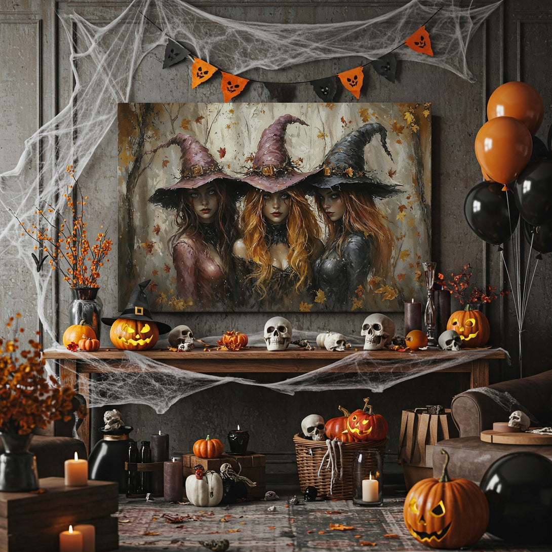 Framed Wall Art featuring three witches, oil painting style, with a warm, autumnal color palette. Perfect Halloween decor!