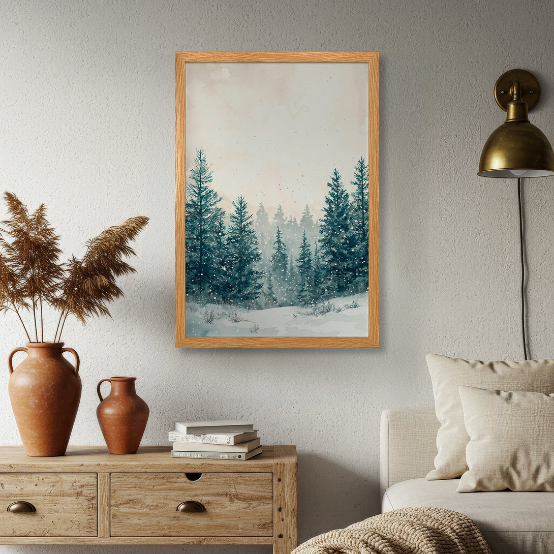 Framed Poster featuring a watercolor winter forest scene in teal and beige tones, perfect for cozy home decor.