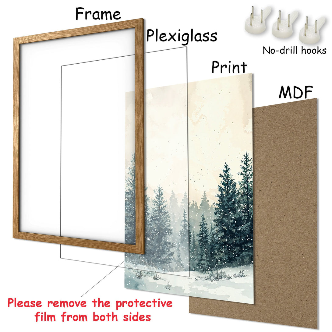 Framed Poster featuring a winter forest scene in a watercolor style. Soft blue and beige color palette. Ready to hang!