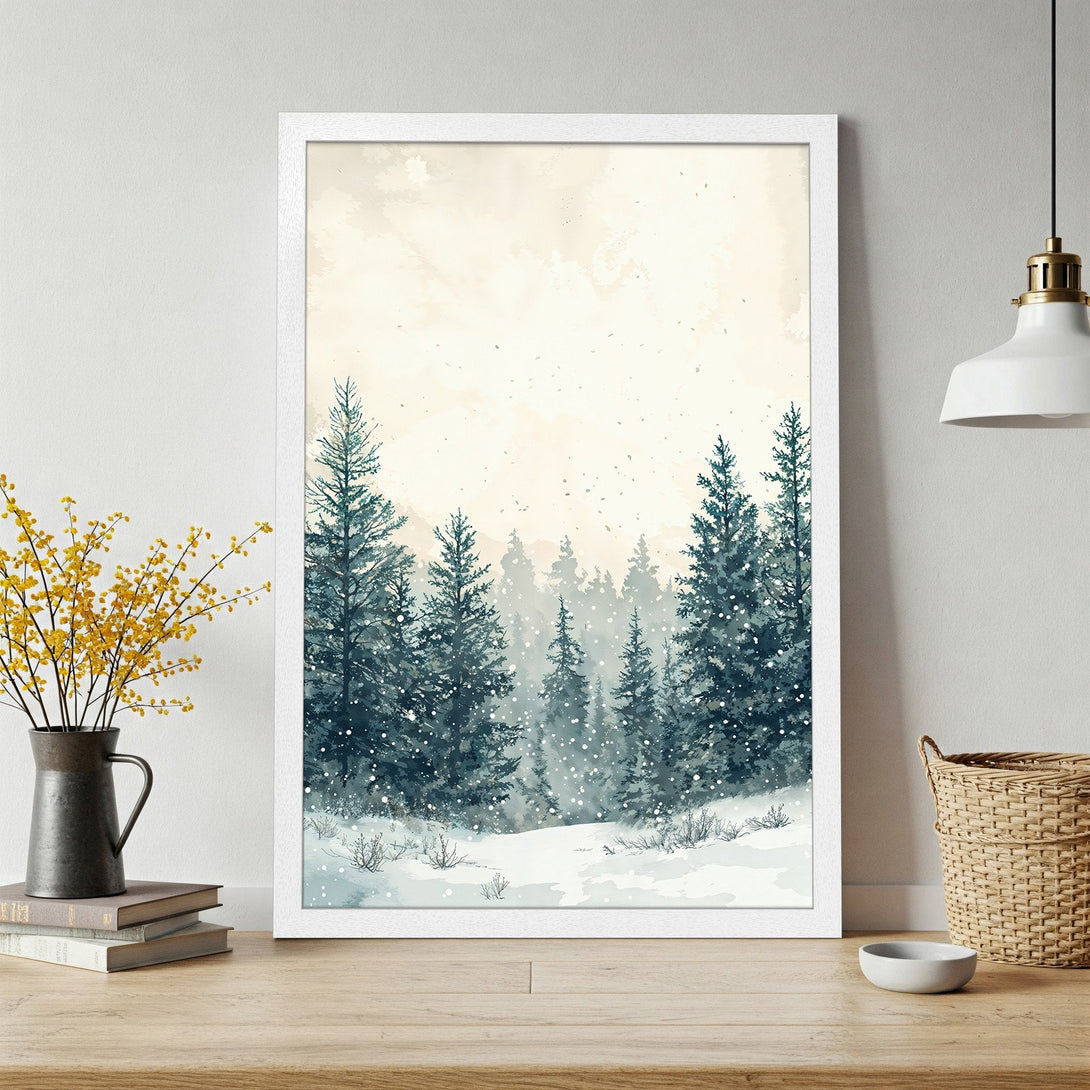 Framed Poster of a serene winter forest scene in watercolor style. Features a cool blue and beige color palette, perfect for home decor.