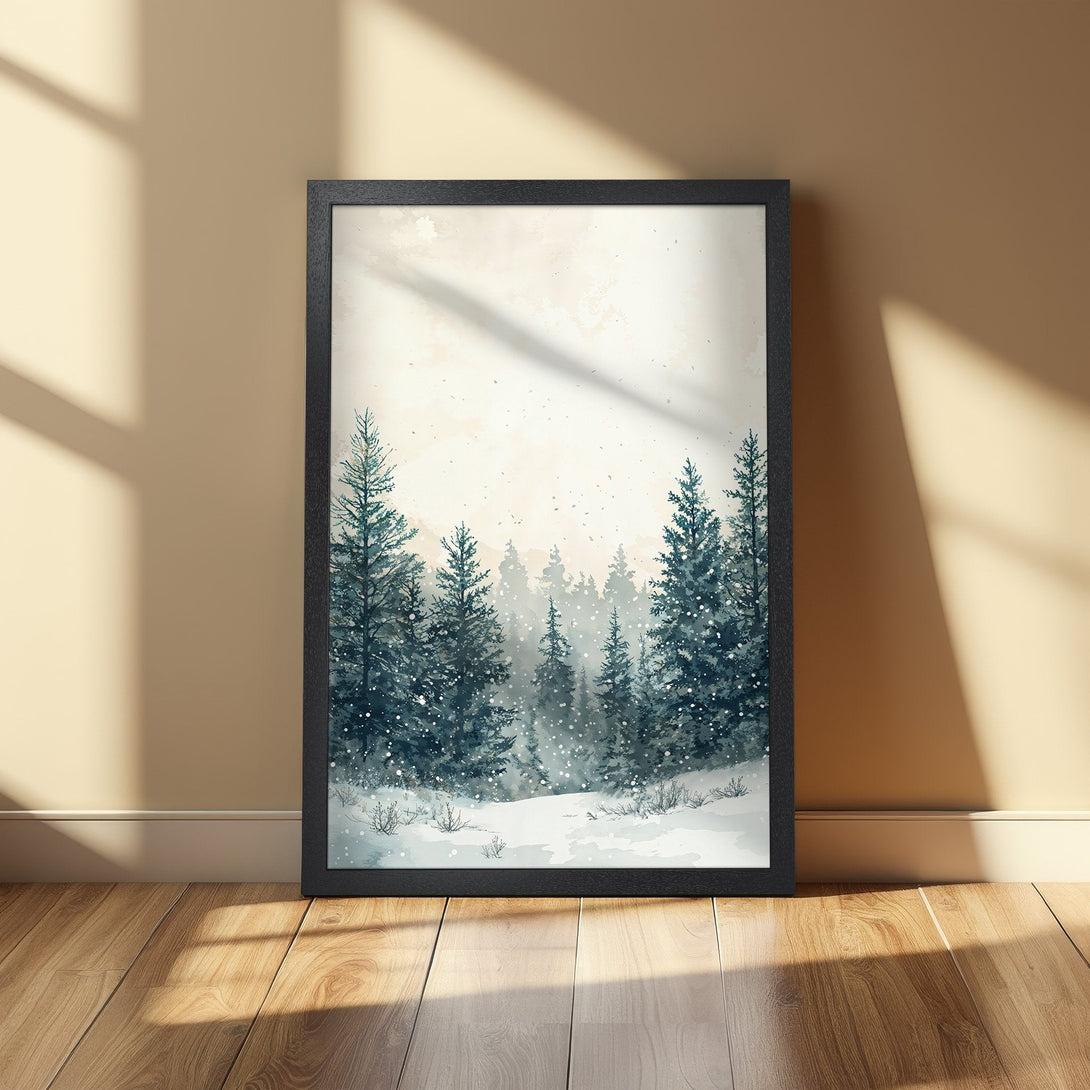 Framed Poster featuring a watercolor winter forest scene in blue and beige tones. Perfect wall art!