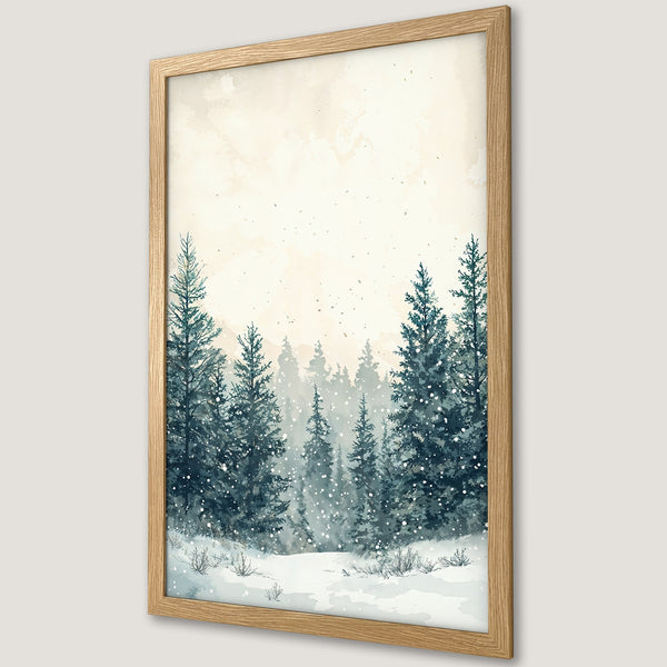 Framed Poster featuring a watercolor winter forest scene in blue and beige tones. Perfect wall art for a cozy home.